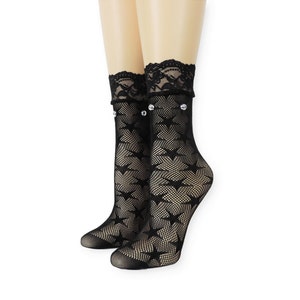 Women Sheer Socks/Hand Beads Work/Beads Sequence Work/Women Mesh Socks/Star Socks/Black Sheer Socks/Mesh Socks/Fashion Socks/Beads Socks/