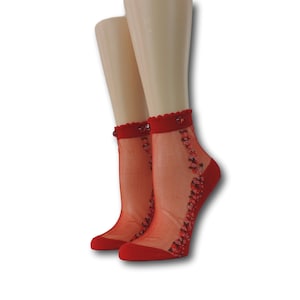 May include: Red sheer ankle socks with a floral design and red bead accents.