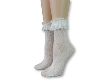 Chaussettes à volants blanches pour femmes/travail de perles à la main/travail de séquence de perles/chaussettes en maille pour femmes/chaussettes à volants en dentelle blanche/chaussettes en maille/cadeau pour ma demoiselle d'honneur