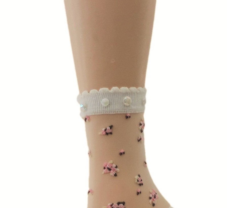 Women Sheer Socks/Hand Beads Work/Beads Sequence Work/Women Socks/Crystal Lace/Transparent Socks/Fancy Socks/Fashion Socks/Floral Socks/ image 2