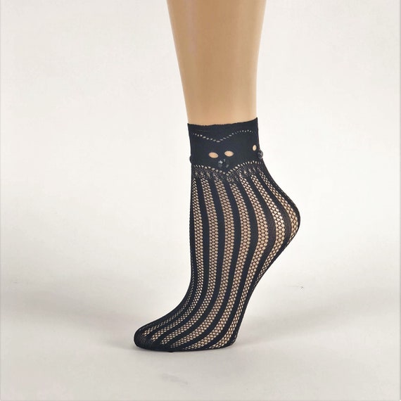 Women Sheer Socks,Hand Black Crystal Work,Beautiful Women Socks,Crystal Lace,Transparent Socks,Nylon Stripe Socks,Gift for My Grand Daughter