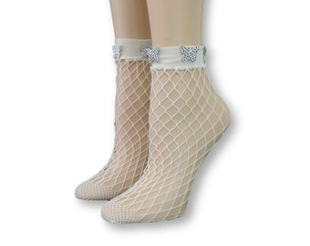 Women Fishnet Socks/Hand Beads Work/White Fishnet Socks/Mesh Socks/Fashion Socks/Transparent Socks/Fishnet Socks/Nylon Stocking/Nylon Socks