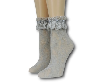 Femmes Grey Ruffle Socks/Hand Beads Work/Beads Séquence Work/Women Mesh Socks/Lace Socks/Sheer Socks/Mesh Socks/Fashion Socks/Beads Socks/