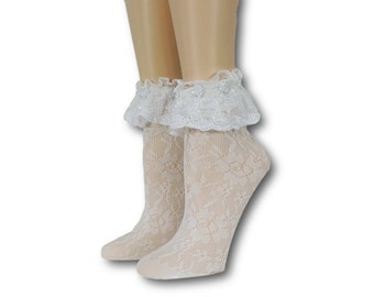 Chaussettes à volants blanches pour femmes/travail de perles à la main/travail de séquence de perles/chaussettes en maille pour femmes/chaussettes en dentelle/chaussettes transparentes/chaussettes en maille/chaussettes de mode/chaussettes de perles/