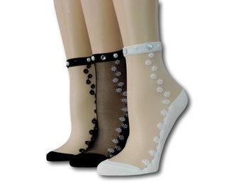 Chaussettes transparentes Florer/lot de 3 paires/travail de séquence de perles/chaussettes en maille pour femmes/chaussettes en dentelle/chaussettes transparentes/chaussettes en maille/chaussettes mode/chaussettes de mariage/chaussettes