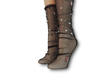 Women Sheer Socks|Hand Beads Work|Beautiful Women Socks|Crystal Lace|Fashion Socks|Transparent Socks|Tulle Socks|Nylon Stocking|Nylon Socks|