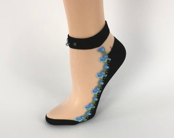 Women Sheer Socks, Hand Crystal Work,Beads Work,Women Socks, Crystal Lace,Transparent Socks,Socks,Ankle Socks,Floral Socks,Nylon Stockings