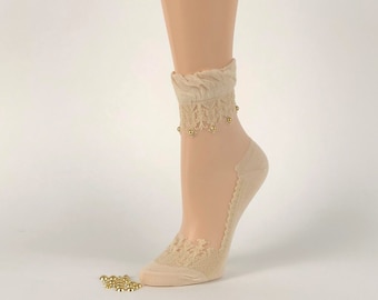 Sheer Floral Socks: Women's Crystal Lace Fashion Socks