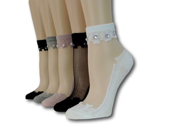 Fancy Sheer Socks/Pack of 5 Pairs/Beads Sequence Work/Women Mesh Socks/Lace Socks/Sheer Socks/Mesh Socks/Fashion Socks/Wedding Socks/