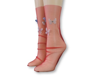 Women Tulle Socks/Butterfly Socks/Butterfly Sequence Work/Women Socks/Gift for Step Mother/Transparent Socks/Bridal Socks/Sock/Nylon Socks/
