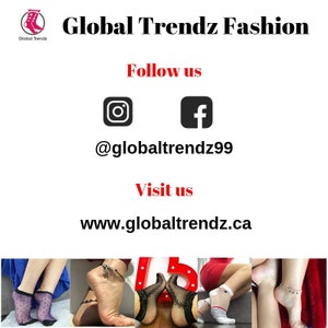 May include: Global Trendz Fashion logo with a red boot icon. The text "Follow us" is above two social media icons: Instagram and Facebook. The text "@globaltrendz99" is below the icons. The text "Visit us" is above the website address "www.globaltrendz.ca". The bottom of the image shows four different pairs of feet wearing socks and anklets.