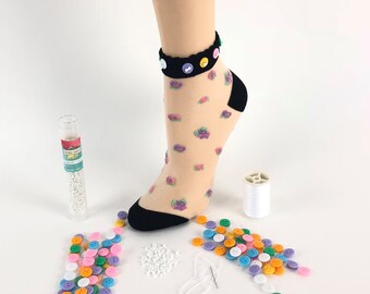 Sheer Floral Socks: Women's Fashion with Hand-Sewn Buttons