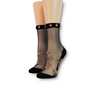 Women Sheer Socks|Hand crystals Work/Glitter Socks /Golden Socks/Crystal Lace/Transparent Socks/Fancy Socks/Fashion Socks/Floral Socks/