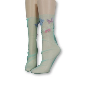 Women Tulle Socks/Butterfly Socks/Butterfly Sequence Work/Anniversary Gift/Transparent Socks/Bridal Socks/Fashion& Fancy Socks/Nylon Socks/