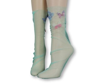 Women Tulle Socks/Butterfly Socks/Butterfly Sequence Work/Anniversary Gift/Transparent Socks/Bridal Socks/Fashion& Fancy Socks/Nylon Socks/