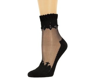 Black Sheer Socks: Hand Beaded Crystal Lace, Fashion Ankle Socks