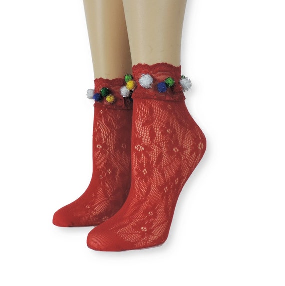 Women Sheer Socks/hand Pompom Work 