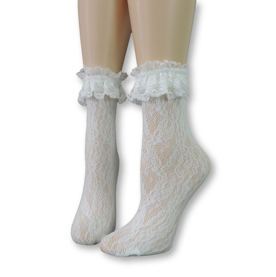 Women White Ruffle Socks/hand Beads Work/beads Sequence Work/women