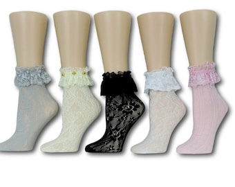 Chaussettes à volants pour femmes/lot de 5 paires/travail de séquence de perles/chaussettes en maille pour femmes/chaussettes en dentelle/chaussettes transparentes/chaussettes en maille/chaussettes de mode/chaussettes de mariage/chaussettes