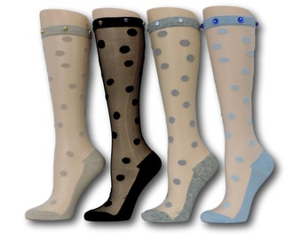 Knee High Sheer Stockings|Pack of 4 Pairs|Sheer Socks|Polka Dots Sheer Socks|Long Socks|Chritmas Socks|Wedding Socks|Fashion Socks|Socks