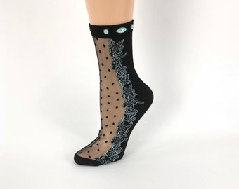 Sheer Floral Socks: Women's Crystal Lace Nylon Stockings