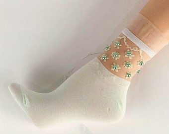 Women Sheer Socks/Hand Beads Work/Beads Sequence Work/Women Socks/Crystal Lace/Transparent Socks/Fancy Socks/Fashion Socks/,Nylon Stockings/