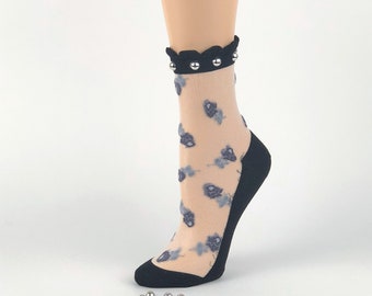 Women Sheer Socks/Hand Beads Work/Beads Sequence Work/Women Socks/Crystal Lace/Transparent Socks/Fancy Socks/Fashion Socks/Floral Socks/