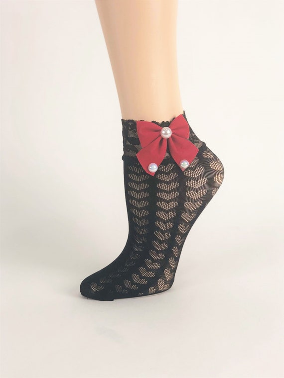 Sheer Lace Socks: Hand-Tied Beads, Bow Accent