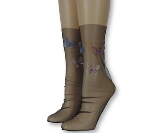 Women Tulle Socks/Butterfly Socks/Butterfly Sequence Work/Gift for grandmother of Bride/Transparent Socks/Bridal Fashion Socks/Nylon Socks/