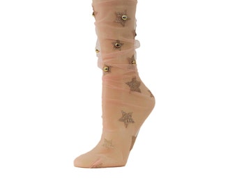 Women Sheer Socks/Hand Beads Work/ Transparent Socks/Floral Socks/Sheer/Mesh Socks/ Lace Stocking/ Sheer Ankle Socks/ Lace Socks/Tulle Socks