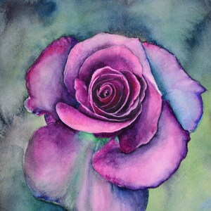 Passion Bloom,a fine art giclee reproduction of an original watercolor painting by Meike Geisler,  8.5&quot; x 11.75&quot;,deep purple and pink rose