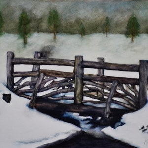 Winterbrücke,Fine Art Giclee Reproduktion eines Original Aquarells von Meike Geisler, 11&quot;x 14,75&quot;; Brücke im Winterschnee