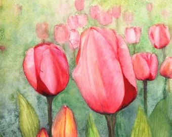 Found in Spring,a fine art giclee reproduction of an original watercolor painting by Meike Geisler, 8" x 11.5",  field of Spring time tulips