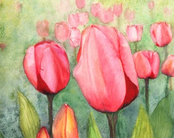 Found in Spring, an original watercolor painting by Meike Geisler, 8.25" x 11.25"; field of Spring time tulips; pinks, reds, greens, yellows