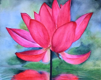 Reproduction giclée d’art d’une aquarelle originale de Meike Geisler, 13,75 « x 10 », reflétant la fleur de lotus rose