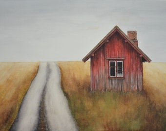 Alone on the Road, is an original watercolor painting by Meike Geisler depicting an abandoned red house alone on the side of the road.