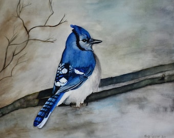 Blue,fine art giclee reproduction of an original watercolor painting by Meike Geisler,10" x 14.125",Single blue bird perched on tree branch