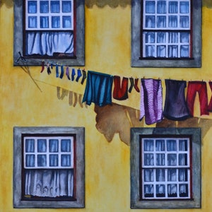 Blowing in the Breeze,fine art giclee reproduction of original watercolor painting by Meike Geisler,11.75&quot; x 14.5&quot;,laundry in the breeze