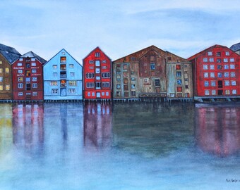 Nordic Reflections,fine art giclee reproduction d’une peinture originale à l’aquarelle par Meike Geisler;15.5 » x 11 »; norvège, rouges, bleus, bruns