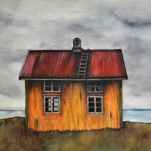 By the Sea,fine art giclee reproduction of an original watercolor painting by Meike Geisler,11.5&quot;x16.5&quot;;abandoned yellow house by the sea