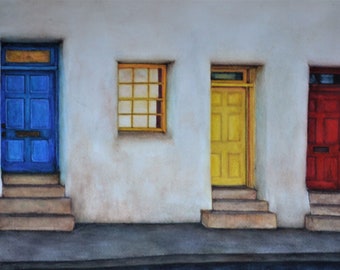 Three Doors,fine art giclee reproduction of an original watercolor painting by Meike Geisler, 9.75"x13.5"; three different colored doors