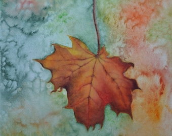 Falling, original watercolor painting by Meike Geisler, 8.5"x11.75", red and yellow leaf falling in Autumn