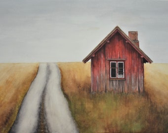 Alone on the Road, reproduction de giclee d’art d’une peinture originale d’aquarelle par Meike Geisler,13.5"x20 », maison rouge abandonnée sur le bord de la route