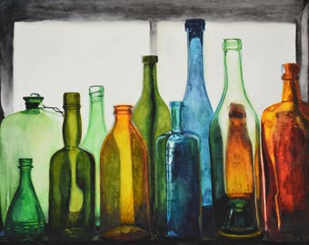 Looking Glass, original watercolor painting by Meike Geisler; 15.75" x 11.5"; colorful bottles in windowsill, blue, gray, green, yellow, red