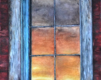 Réflexion, reproduction giclé d’art d’une aquarelle originale de Meike Geisler, 9.5"x13.25 »; reflet du coucher du soleil dans la fenêtre