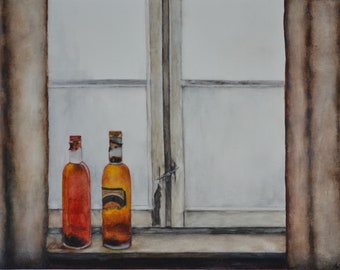 Room with a View,fine art giclee reproduction of original watercolor painting by Meike Geisler,13"x19",two colorful bottles on window sill