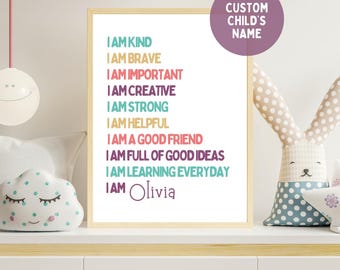 Custom I am brave, Affirmaties voor kinderen, Meisjeskamer, Poster speelkamer, Affirmaties Poster Decor, I Am Affirmation-kunst, Gepersonaliseerde naam