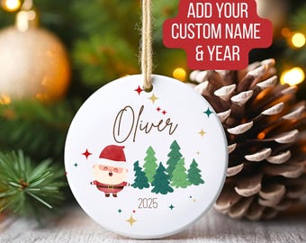 Ornement en céramique personnalisé - Nom et année personnalisés, cadeau pour petit-fils, garçon, fille, enfants - Décoration de Noël, Ornement de Noël