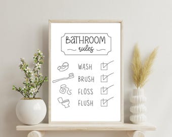 Kids Bathroom Rules Wall Art Printable Wash Brush Flush Floss Digital Download Bathroom Reminder Sign for kids Modern Child Washroom Decor