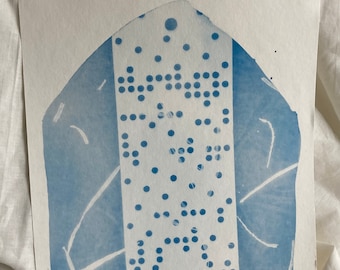 Abstract Cyanotype A4 Print, Jacquard Pattern Card Window, blue photographic sun print